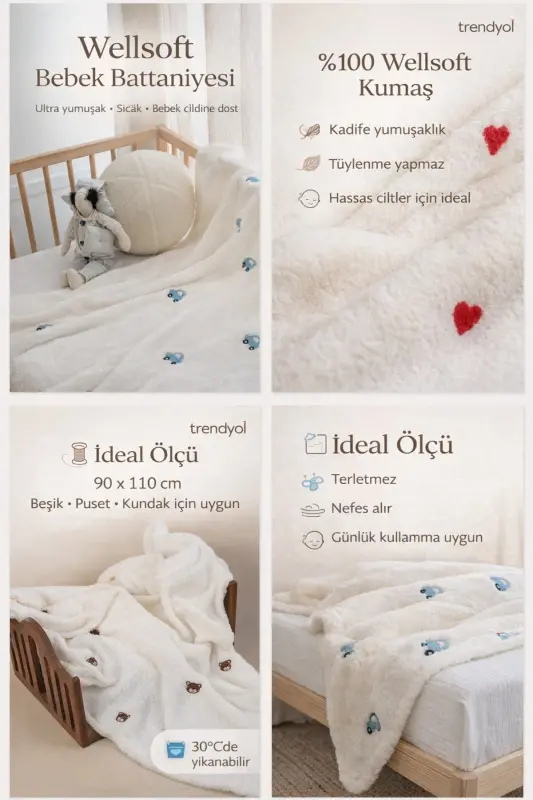 Ayiqcha naqshli kashta tikilgan chaqaloq ko'rpasi 90 X 110 krem rangli Wellsoft - 2