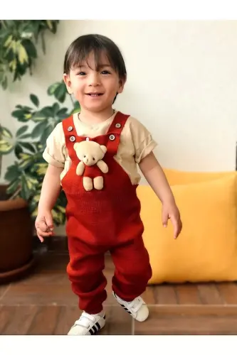 Ayıqchali tugmali chaqaloq bolalar triko salopet g'isht-qizil - 3