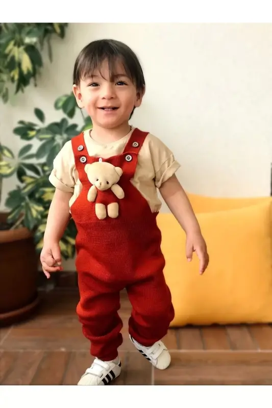 Ayıqchali tugmali chaqaloq bolalar triko salopet g'isht-qizil - 3