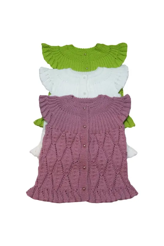 Aykır-ı Bebe Handknitted Baby Vest with Oleaster Leaf Motif-White - Modazone