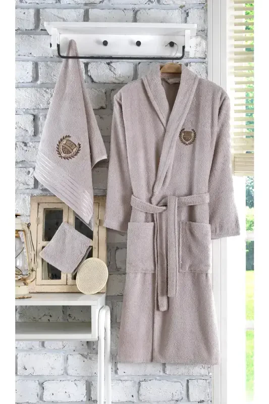 Ayla 5 Piece Single Embroidered Bathrobe Set | Bathrobe Set | Bathrobe | Dowry Set-Brown - GÜVENAL