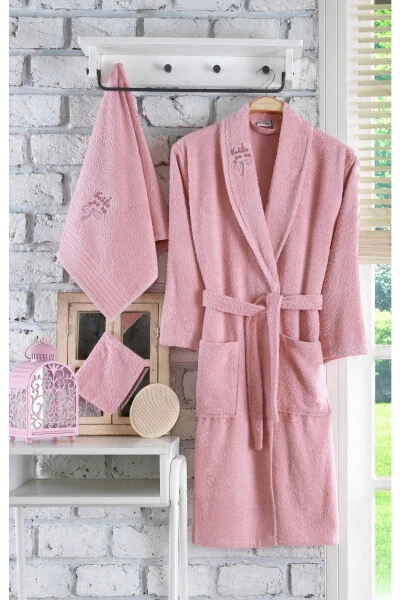 Ayla 5 Piece Single Person Embroidered Bathrobe Set | Bor - GÜVENAL