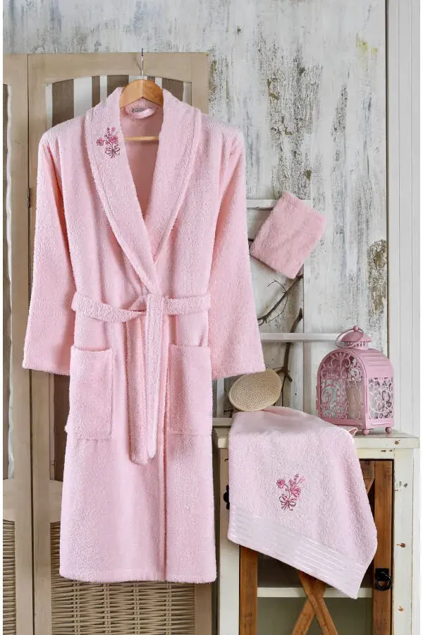 Ayla 5 Piece Single Person Embroidered Bathrobe Set | Bor - 1