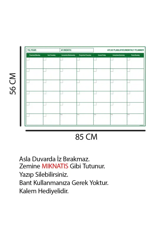 Yeşil Aylık Planlayıcı Statik Akıllı Yazı Tahtası – Duvar, Cam ve Tahtaya Uygulanır – 85×56 cm. - 8