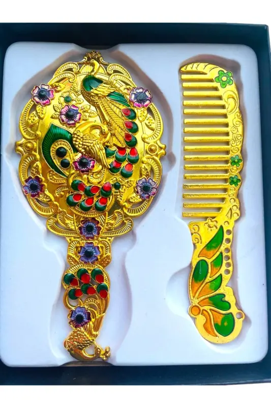 Ayna Tarak Seti, Çiçekli, Metal, 15x12-Parlak Altın - 2