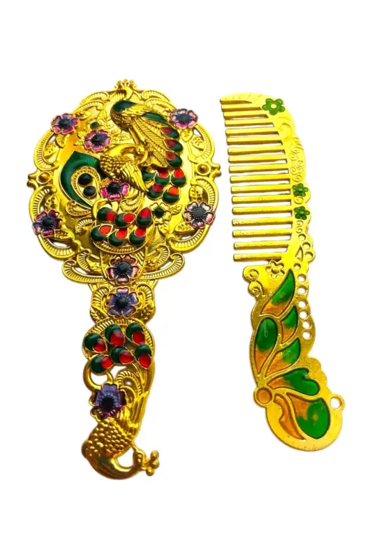 Ayna Tarak Seti, Çiçekli, Metal, 15x12-Parlak Altın - 3