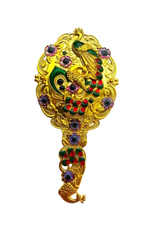 Ayna Tarak Seti, Çiçekli, Metal, 15x12-Parlak Altın - 4