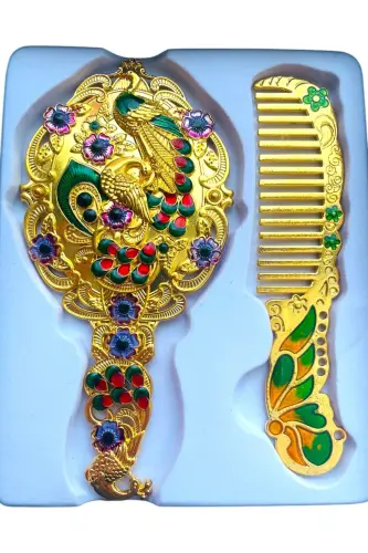 Ayna Tarak Seti, Çiçekli, Metal, 15x12-Parlak Altın - 5