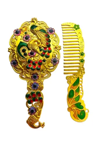 Ayna Tarak Seti, Çiçekli, Metal, 15x12-Parlak Altın - 6