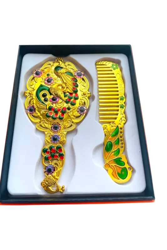 Ayna Tarak Seti, Çiçekli, Metal, 15x12-Parlak Altın - 7