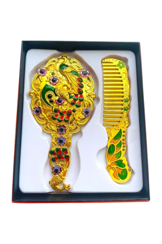Ayna Tarak Seti, Çiçekli, Metal, 15x12-Parlak Altın - GALATA GIFT