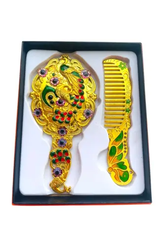 Ayna Tarak Seti, Çiçekli, Metal, 15x12-Parlak Altın - 1