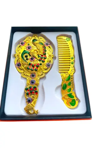 Ayna Tarak Seti, Çiçekli, Metal, 15x12-Parlak Altın - 7