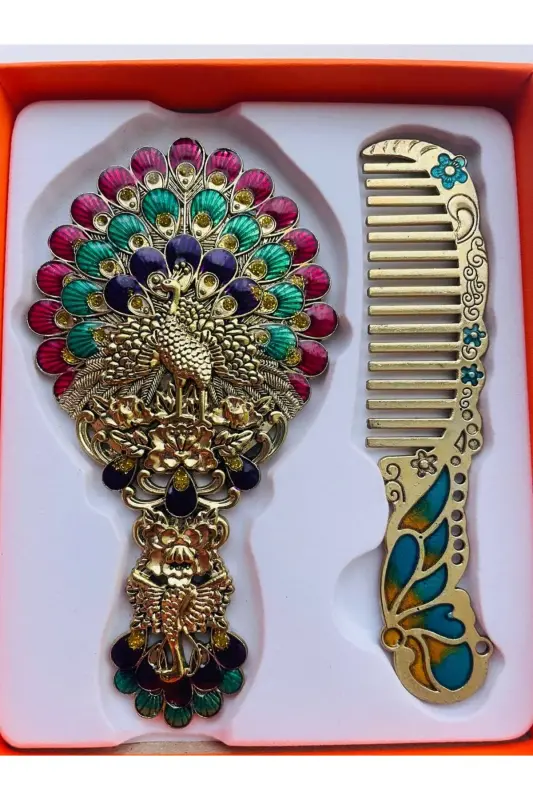 Ayna Tarak Seti, Çiçekli, Metal,-Eskitme - GALATA GIFT