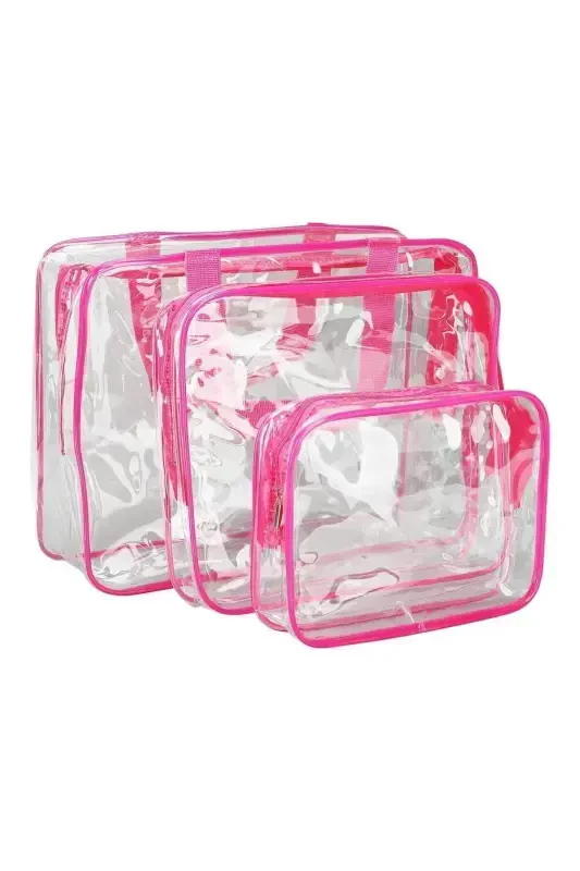 Ayol 3 dona pushti rangli shaffof sayohat uchun kosmetik sumkasi shaffof kosmetik sumkasi-pushti - 4