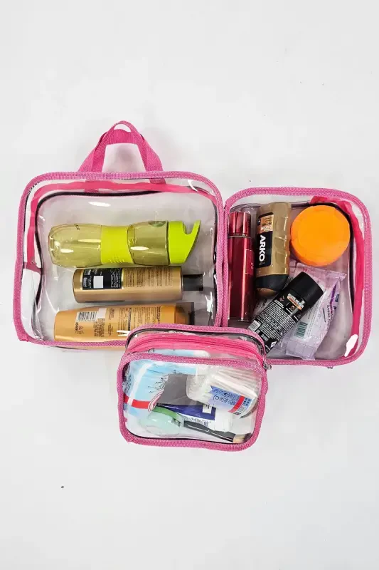 Ayol 3 dona pushti rangli shaffof sayohat uchun kosmetik sumkasi shaffof kosmetik sumkasi-pushti - 5