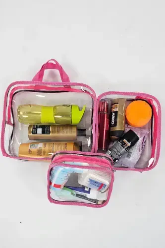 Ayol 3 dona pushti rangli shaffof sayohat uchun kosmetik sumkasi shaffof kosmetik sumkasi-pushti - 6