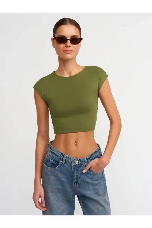 ayol 30528 Paxta va Modal aralashmasidan tikilgan Crop Top-XAKI-Xaki - 1