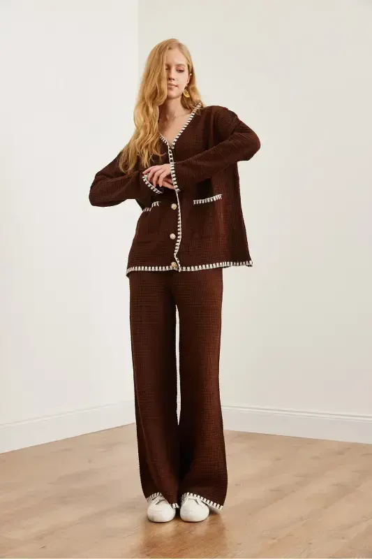 Ayol achchiq qahva biye detalli ustki kardigan pastki shim trikotaj kostyum TKM-19000305-Achchiq qahva - 3