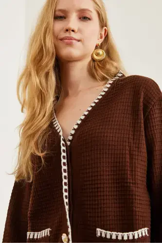 Ayol achchiq qahva biye detalli ustki kardigan pastki shim trikotaj kostyum TKM-19000305-Achchiq qahva - 4