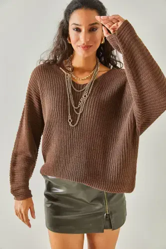 Ayol achchiq qahva V yoqali Salonik o'rguli katta o'lchamli trikotaj tunik TNK-19000081-Achchiq qahva - 3