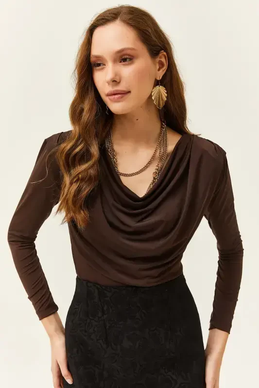 Ayol Achchiq Qahva Vatkali Pileli Degaje Yoqa Bluz BLZ-19002419-Achchiq Qahva - 3