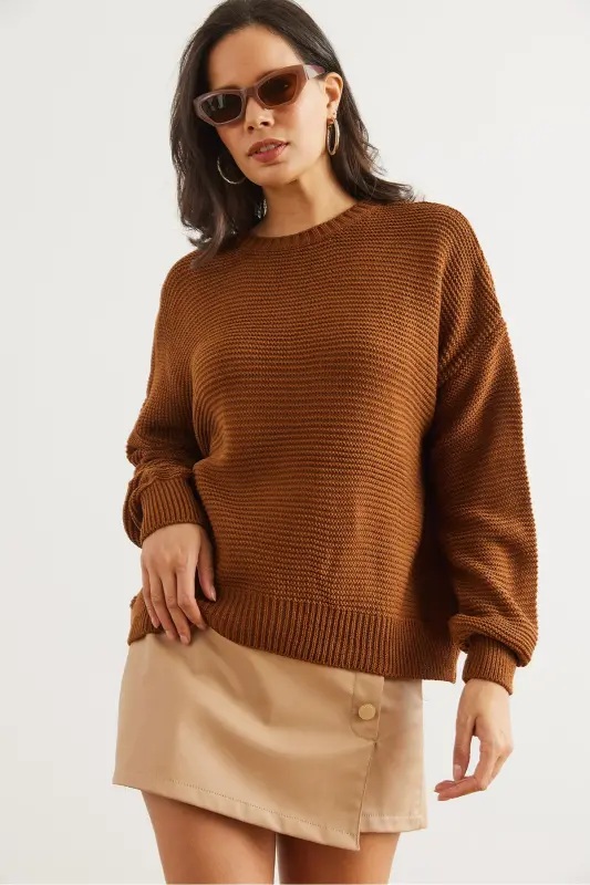 Ayol Achchiq Qahva Velosiped Yoqasi Links O'rgli Trikotaj Kozok KZK-19000870-Achchiq Qahva - 10