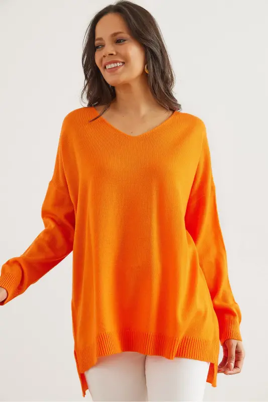 Ayol Apelsin V Yoqali Yon Yirtqichli Asosiy Trikotaj Ko'ylak KZK-19000868-Apelsin - 1