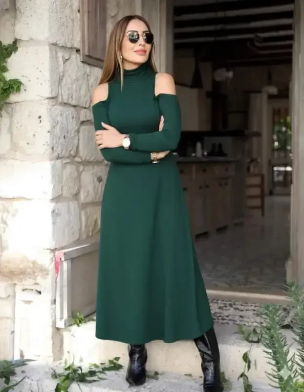 Ayol Baliqchi Yoqa Yelkadan Ochiq Uzun Yengli Janjan Krep Libos - 2