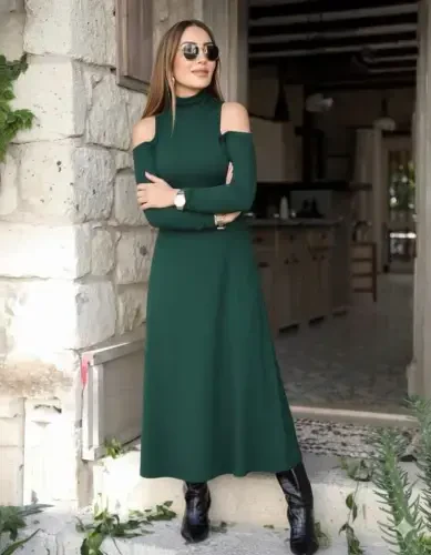 Ayol Baliqchi Yoqa Yelkadan Ochiq Uzun Yengli Janjan Krep Libos - 3