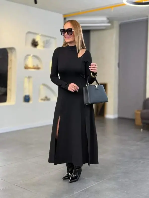 Ayol baliqchi yoqali tomchi detalli yirtikli uzun viskon ikki ipli maksi ko'ylak - 2