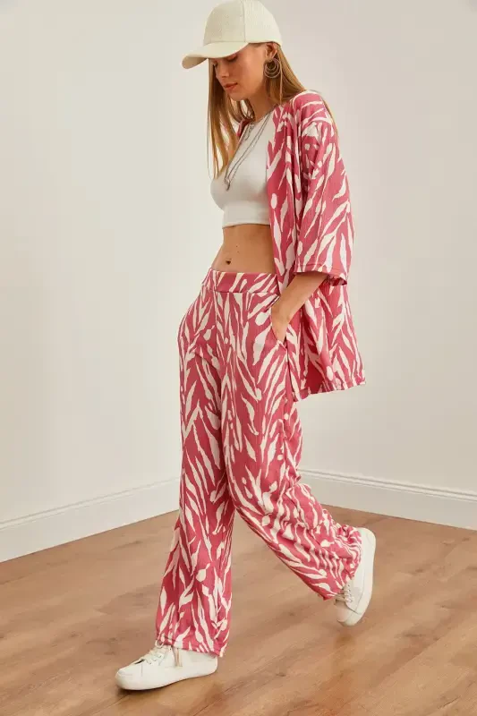 Ayol Barg Yaproq Pushti Ustki Kimono Pastki Cho'ntakli Shim T - OLALOOK