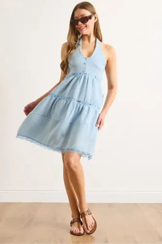 Ayol Bebe Moviy Fisto Dantel Detalli Halter Yoqa Muslin Ko'ylak ELB-19002431-Bebe Moviy 