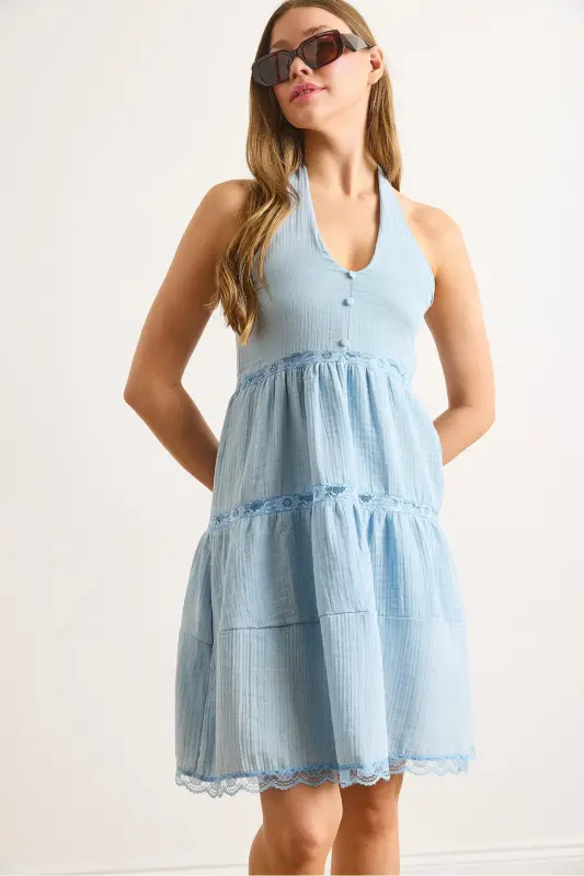 Ayol Bebe Moviy Fisto Dantel Detalli Halter Yoqa Muslin Ko'ylak ELB-19002431-Bebe Moviy - 6