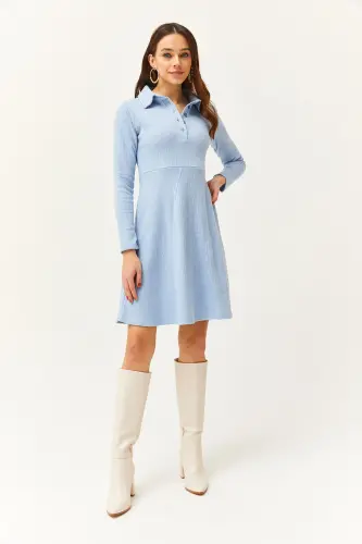 Ayol Bebe Moviy Polo Yoqali Tugmali Mini Klos Elbise ELB-19002030-Bebe Moviy - OLALOOK (1)