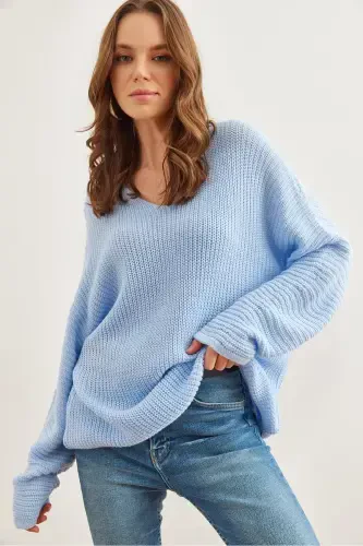 Ayol Bebe Moviy V Yoqa Salonik O'rguli Oversize Triko Tunik TNK-19000081-Bebe Moviy - 1