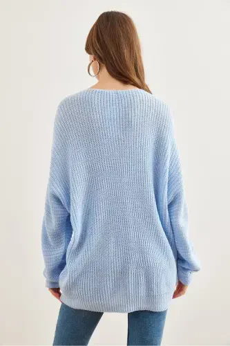 Ayol Bebe Moviy V Yoqa Salonik O'rguli Oversize Triko Tunik TNK-19000081-Bebe Moviy - 7