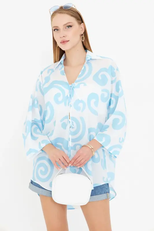 Ayol Bebemavi-Oq Ko'ylak Yoqali Oldi Bog'ichli Kimono Ko'ylak ARM-25K001006-Bebemavi - 3