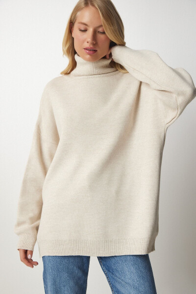 Ayol Bej Balıqçı Yoqa Oversize Triko Kozok BV0008 - 5