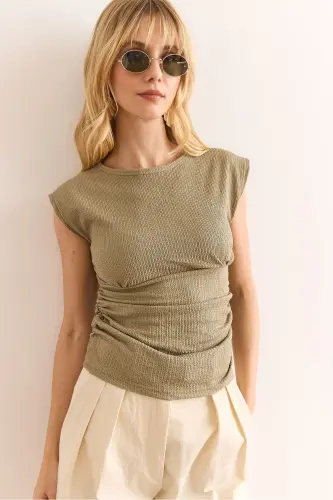 Ayol Bej Drape Detalli Crop Buruq Bluz BLZ-190 - 8