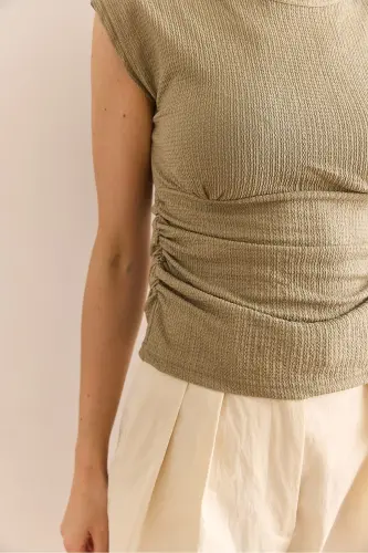 Ayol Bej Drape Detalli Crop Buruq Bluz BLZ-190 - 4