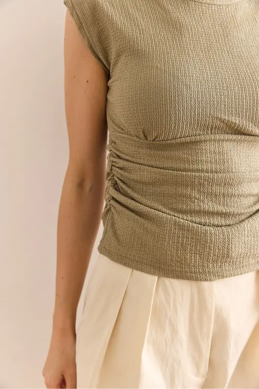 Ayol Bej Drape Detalli Crop Buruq Bluz BLZ-190 - 4