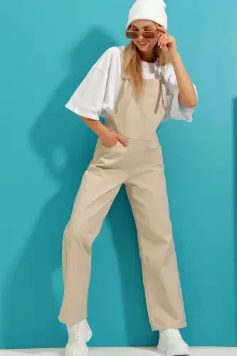 Ayol Bej Kanguru cho'ntakli jinsi kombinezon Salopet ALC-X9072-BEJ - 1