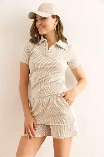 Ayol Bej Polo Yoqali Bluzli Shortli To'plam TKM-190004 - 3