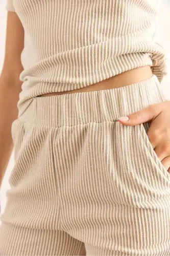 Ayol Bej Polo Yoqali Bluzli Shortli To'plam TKM-190004 - 7