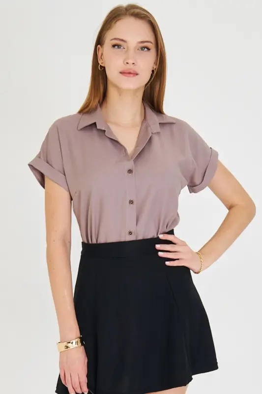 Ayol bej qisqa yengli ko'ylak ARM-19Y001065-BEJ - 3