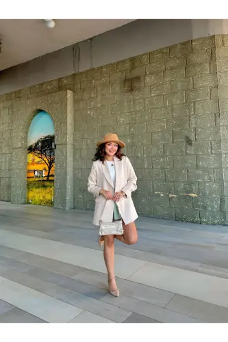 Ayol Blazer Kurtka Astarli Leopard Naqsh Tafsilotli - KREM - 3