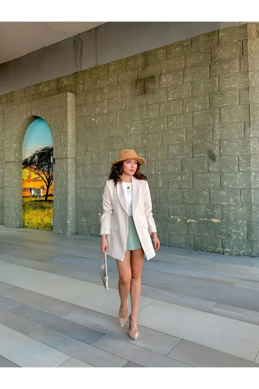 Ayol Blazer Kurtka Astarli Leopard Naqsh Tafsilotli - KREM - 6