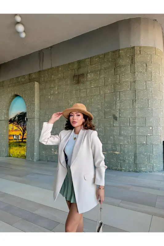 Ayol Blazer Kurtka Astarli Leopard Naqsh Tafsilotli - KREM - 7