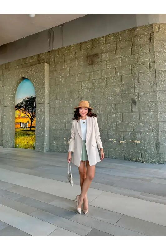 Ayol Blazer Kurtka Astarli Leopard Naqsh Tafsilotli - KREM - 8